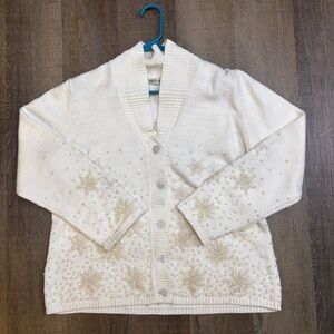 Orvis Cream Cardigan with Subtle Snowflake Design